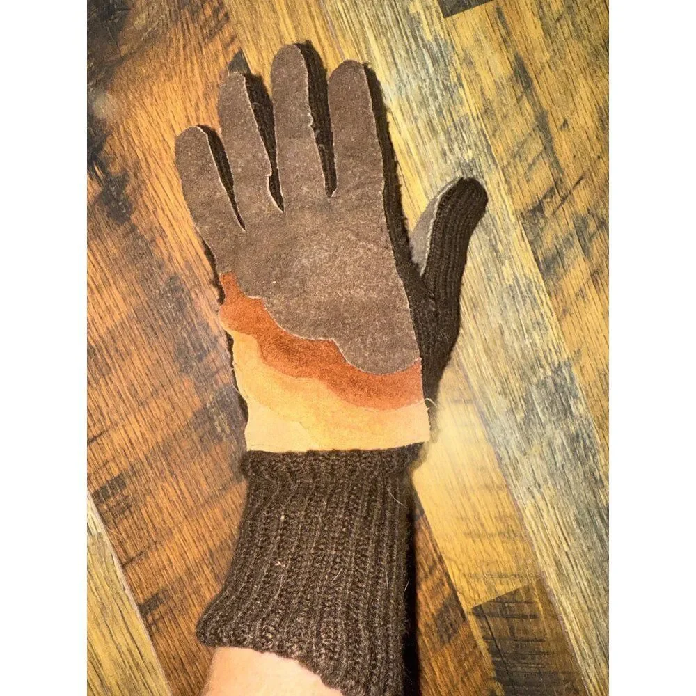 Vintage 80's‎ Brown Knit Gloves With Suede Design